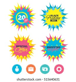 Shopping night, black friday stickers. Businessman icons. Human silhouette and cash money signs. Case and gear symbols. Special offer. Vector