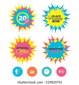 Shopping night, black friday stickers. Diagram graph Pie chart icon. Presentation billboard symbol. Supply and demand. Man standing with pointer. Special offer. Vector