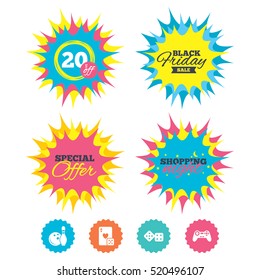 Shopping night, black friday stickers. Bowling and Casino icons. Video game joystick and playing card with dice symbols. Entertainment signs. Special offer. Vector