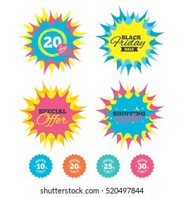 Shopping night, black friday stickers. Sale discount icons. Special offer stamp price signs. 10, 20, 25 and 30 percent off reduction symbols. Special offer. Vector