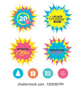 Shopping night, black friday stickers. Happy new year icon. Christmas tree and gift box signs. Fireworks explosive symbol. Special offer. Vector