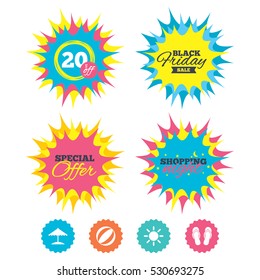 Shopping night, black friday stickers. Beach holidays icons. Ball, umbrella and flip-flops sandals signs. Summer sun symbol. Special offer. Vector