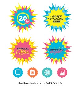 Shopping night, black friday stickers. Social media icons. Chat speech bubble and world globe symbols. Hipster photo camera sign. Landscape photo frame. Special offer. Vector