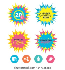 Shopping night, black friday stickers. Social media icons. Chat speech bubble and Share link symbols. Bird sign. Human person profile. Special offer. Vector