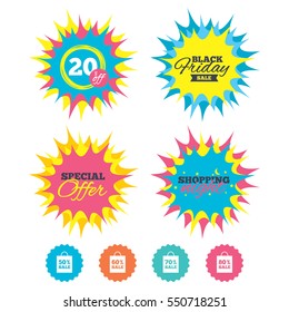 Shopping night, black friday stickers. Sale bag tag icons. Discount special offer symbols. 50%, 60%, 70% and 80% percent sale signs. Special offer. Vector