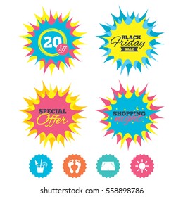 Shopping night, black friday stickers. Beach holidays icons. Cocktail, human footprints and swimming trunks signs. Summer sun symbol. Special offer. Vector