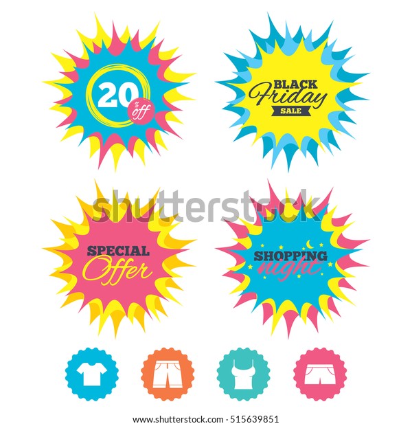 Shopping night, black friday stickers. Clothes
icons. T-shirt and bermuda shorts signs. Swimming trunks symbol.
Special offer. Vector