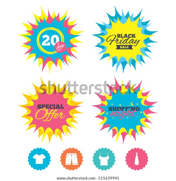Shopping night, black friday stickers. Clothes\
icons. T-shirt and bermuda shorts signs. Business tie symbol.\
Special offer. Vector