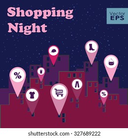 Shopping night map markers. Vector illustration for poster banner business card