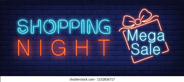 Shopping night, mega sale neon text with gift box. Shopping, offer and sale concept. Advertisement design. Night bright neon sign, colorful billboard, light banner. Vector illustration in neon style.