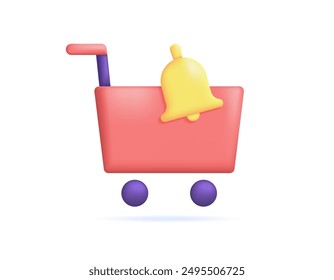 concepto de aviso de compra. información sobre los artículos de la compra en el Carrito. ilustración de un Carrito de compras con una campana. símbolo o icono. diseño minimalista de estilo 3d. Elementos gráficos