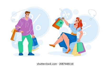 Shopping Offer And Discount For Clients Vector. Young Man And Woman Customers Making Purchases With Special Shopping Offer. Characters Store Seasonal Sales Flat Cartoon Illustration