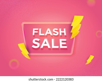 Oferta de compras Banner de venta en flash con señal de trueno amarillo en fondo rosa. Campaña de ofertas especiales.