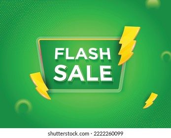 Oferta de compras Banner de venta en flash con señal de trueno amarillo sobre fondo verde. Campaña de ofertas especiales.