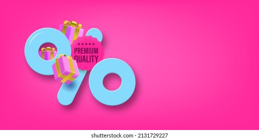 Shopping offer label with percentage sign and Premium quality sticker. 3d vector banner with copy space for a text