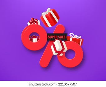Shopping offer with percentage sign and gift boxes. Super sale. 3d vector illustration
