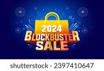 Shopping offer and website sale banner design. 2024 Blockbuster Sale 3d text with bag and sparkle background