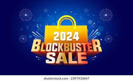 Shopping offer and website sale banner design. 2024 Blockbuster Sale 3d text with bag and sparkle background