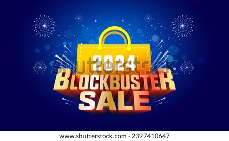 Shopping offer and website sale banner design. 2024 Blockbuster Sale 3d text with bag and sparkle background