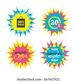 Shopping offers, special offer banners. 50% sale bag tag sign icon. Discount symbol. Special offer label. Discount star label. Vector