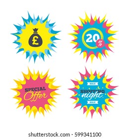 Shopping offers, special offer banners. Money bag sign icon. Pound GBP currency symbol. Discount star label. Vector