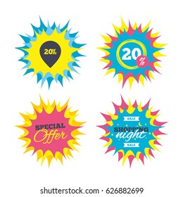 Shopping offers, special offer banners. 20% sale pointer tag sign icon. Discount symbol. Special offer label. Discount star label. Vector