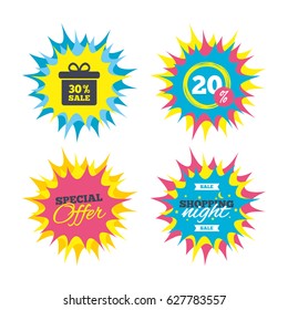 Shopping offers, special offer banners. 30% sale gift box tag sign icon. Discount symbol. Special offer label. Discount star label. Vector
