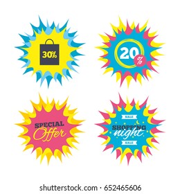 Shopping offers, special offer banners. 30% sale bag tag sign icon. Discount symbol. Special offer label. Discount star label. Vector