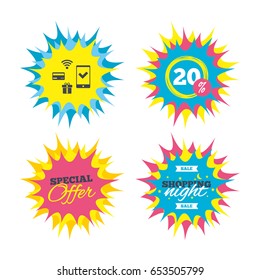 Shopping offers, special offer banners. Wireless mobile payments icon. Smartphone, credit card and gift symbol. Discount star label. Vector