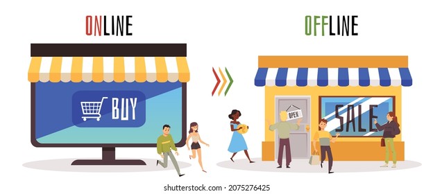 Shopping offline vs shopping online, o2o digital marketing business strategy. Online channel to buy goods from offline store vector concept. People in queue buy products in online and offline shop.