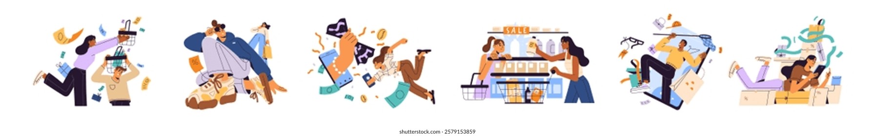 Shopping on Black Friday sales concept set. Customers buy clothes, goods at discounts in market. Buyers makes purchase, orders in online store, marketplaces. Flat isolate vector illustrations on white