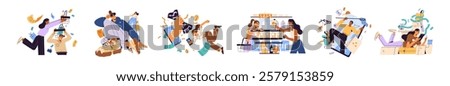 Shopping on Black Friday sales concept set. Customers buy clothes, goods at discounts in market. Buyers makes purchase, orders in online store, marketplaces. Flat isolate vector illustrations on white