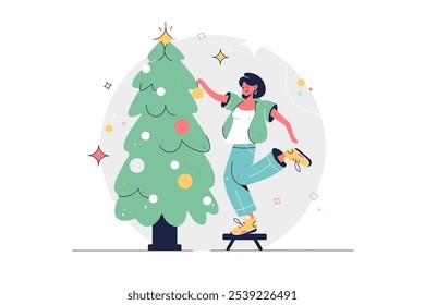 Shopping on Holidays. Female  Buying and decorate Christmas Tree, Gifts, Presents and other Holiday Goods. Holiday Routine. Christmas Shopping Concept. Flat Cartoon Vector Illustration.