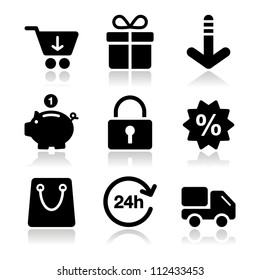 Shopping on internet black icons set with shadow