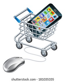 Shopping on the internet for mobile phones or apps concept of a computer mouse connected to a shopping trolley or cart.
