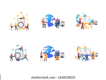 Shopping on internet set. Customer buying goods at sale, ordering delivery, completing survey. Flat vector illustrations. Shipment, commerce concept for banner, website design or landing web page