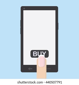 Shopping on the Internet via the phone. Female finger presses the button to buy. Vector illustration.