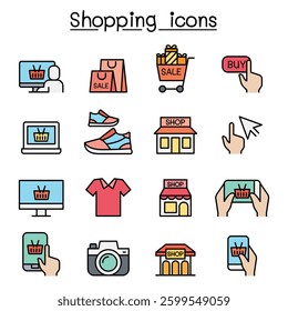 Shopping on line icon set in colorline style