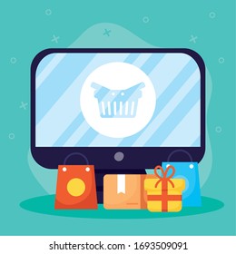 tecnología de compra en línea con diseño de ilustración vectorial de escritorio