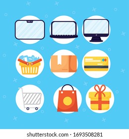 shopping on line technology with set icons vector illustration design
