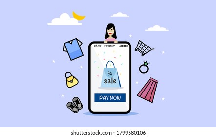 Shopping auf mobile Konzept, Website und Anwendung zum Verkauf online. Flaches design, Vektorgrafik.
