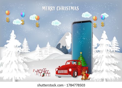 Shopping on mobile, Merry Christmas and Happy New Year. Winter Snowy. Online on Website or Mobile Application Concept Marketing and Digital marketing. vector illustration.