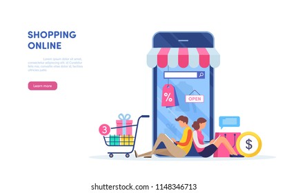 Shopping on mobile. Online store. internet marketing. Online payment. Flat cartoon miniature  illustration vector graphic on white background.