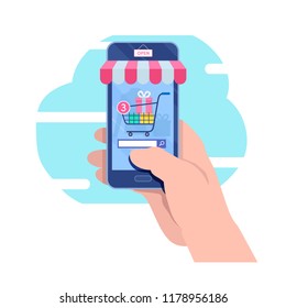 Shopping on mobile. Online store. internet marketing. Shopping online. Flat cartoon design illustration vector graphic on white background.