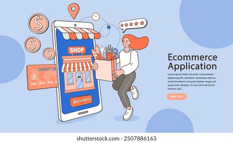 Shopping on mobile phones and food bags. E-commerce advertising illustration. fast online delivery service. package with groceries out of mobile screen. Food delivery. vector illustration.