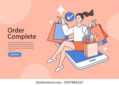 Shopping on mobile phones and food bags. E-commerce advertising illustration. fast online delivery service. package with groceries out of mobile screen. Food delivery. vector illustration.
