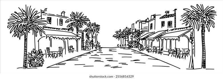 shopping on a pedestrian street in a seaside resort panorama city, hand drawing doodle hatching vector sketch