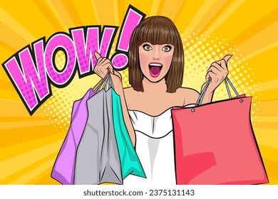 Shopping on sale. Amazed attractive woman with shopping bags in hand background comic retro pop art style