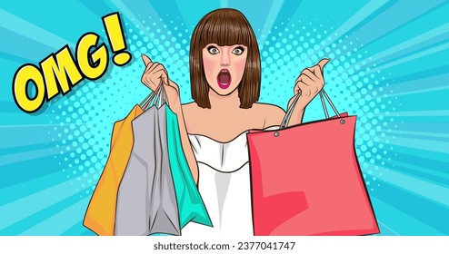 Shopping on sale. Amazed attractive woman with shopping bags in hand background comic retro pop art style