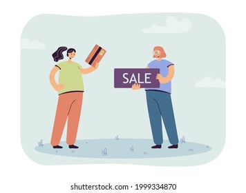 Compra a la venta de ilustración vectorial plana. Dos mujeres, una con tarjeta de banco y otra con un cartel de venta. Compras, ventas, descuento, beneficio, compra, concepto de dinero para el diseño de banners o la página de aterrizaje